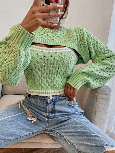 

stripe cable knit 2 in 1 sweater l94b#, White;black