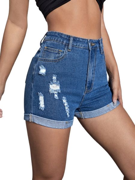 

high waist roll hem ripped denim shorts w379#, White;black
