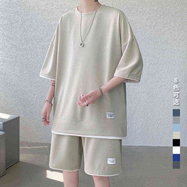 

2022 solid waffle t-shirt set men's summer 2022 trend large casual sports shorts short sleeve, White;black