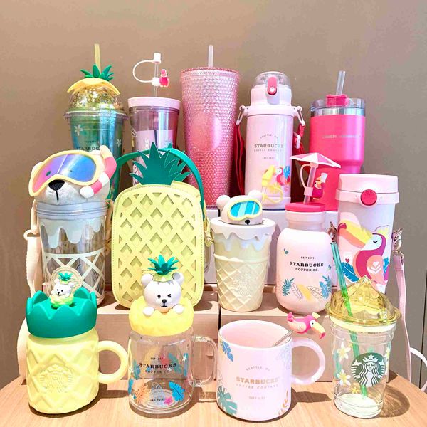 

starbucks cup 2021 colorful jungle pineapple bear beak bird gradient glass mark insulated straw water cup