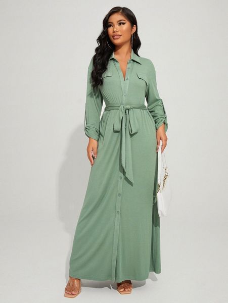 

drop shoulder button front belted dress l6bq#, Black;gray