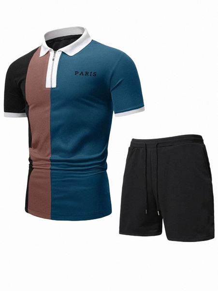 

men color block letter graphic polo shirt & shorts x3co#, Gray