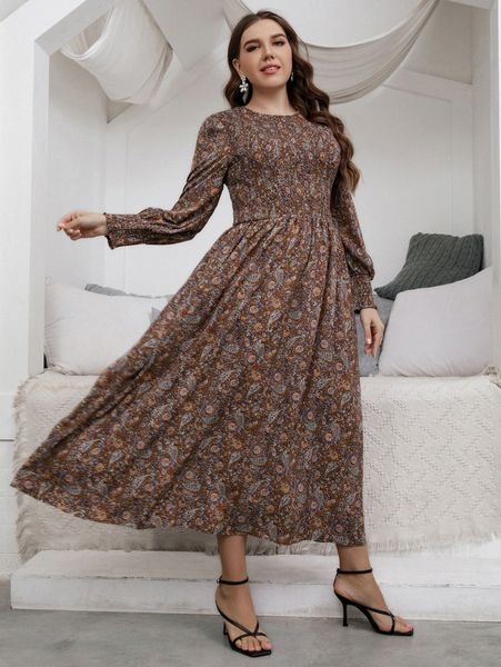 

plus paisley & floral print shirred bishop sleeve dress r401#, Black