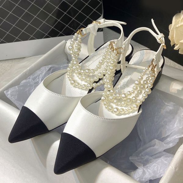 

genuine leather dress shoes pointed toe pear chain woman sandals buckle comfortable rubber sole high heel fashion elegant womens shoe summer, Black