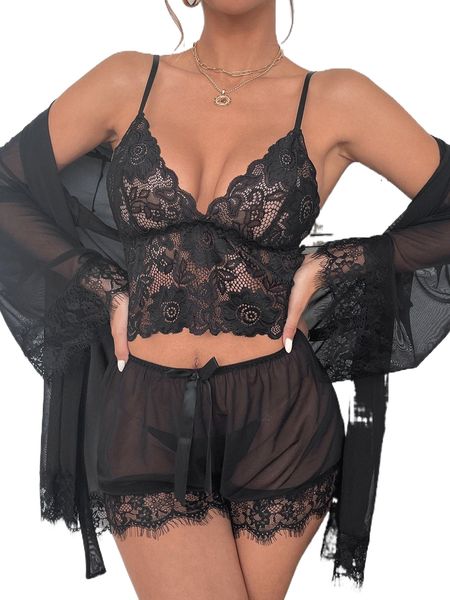 

eyelash lace panel belted mesh robe & cami & shorts pj set g8wj#, Black;red