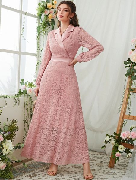 

lapel neck lantern sleeve lace dress c92t#, Black;gray