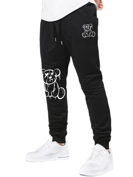 

men bear print drawstring waist sweatpants l86u#, Black