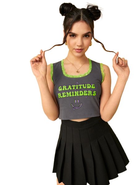 

x atosha cartoon and letter graphic lace trim tank i9ud#, White