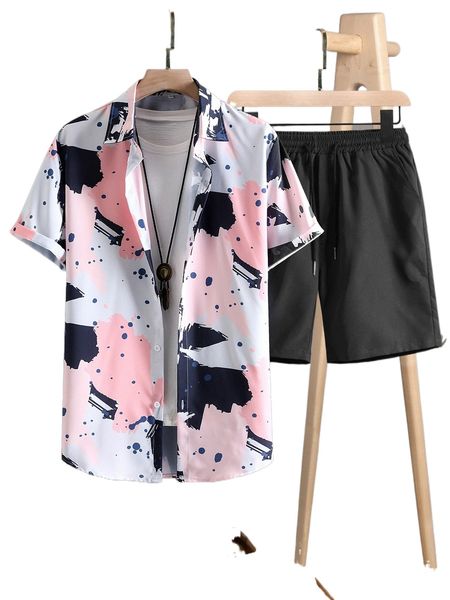 

men splash ink & brush print shirt & shorts without tee j7so#, Gray