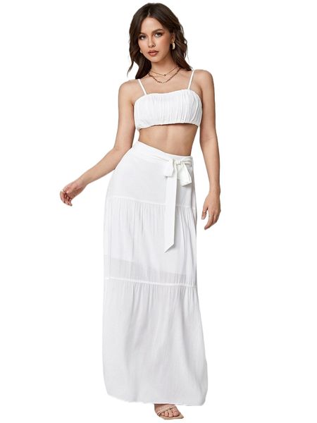 

ruched crop cami & belted ruffle hem skirt set 44wb#, White