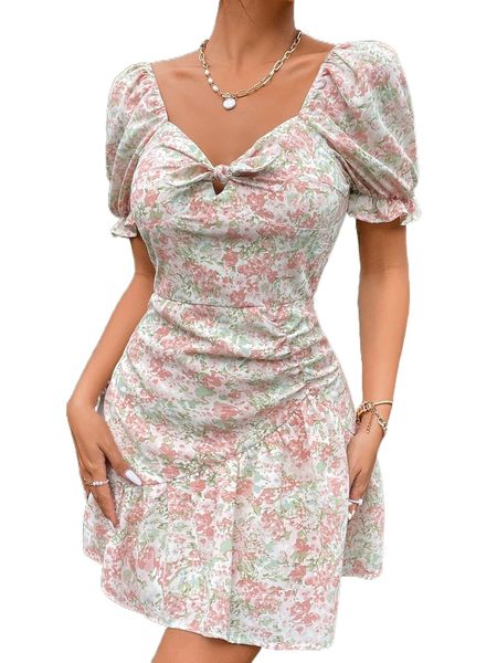 

s.weetheart allover f.loral p.rint k.not detail d.ress d0wb#, Black;gray