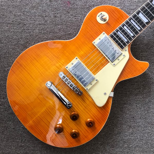

lp electric guitar, rosewood fingerboard, one piece of body and neck, frets binding, tune-o-matic bridge, honey burst maple solid mahogany