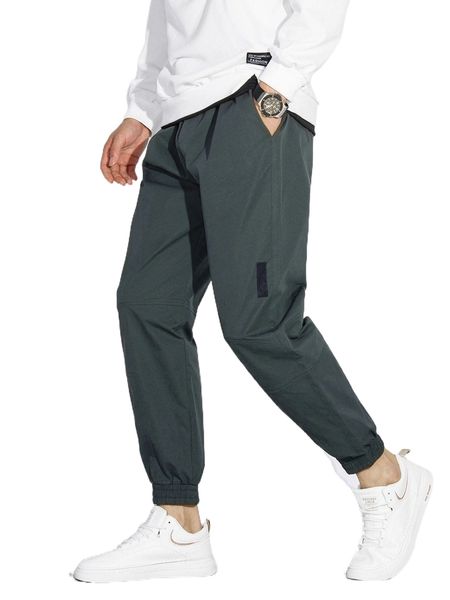 

men slant pocket drawstring waist tapered pants v8sa#, Black