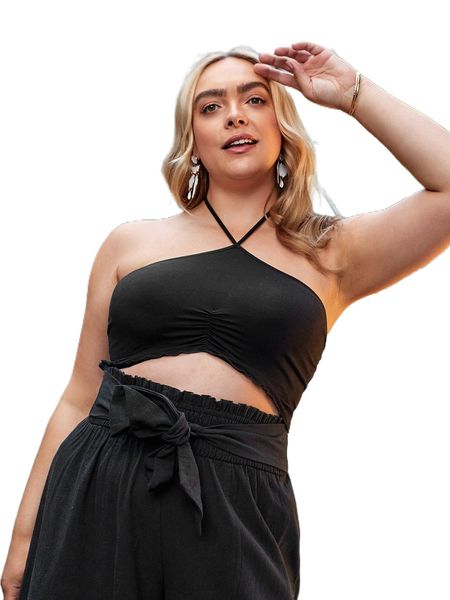 

plus ruched crop halter y9kp#, Black