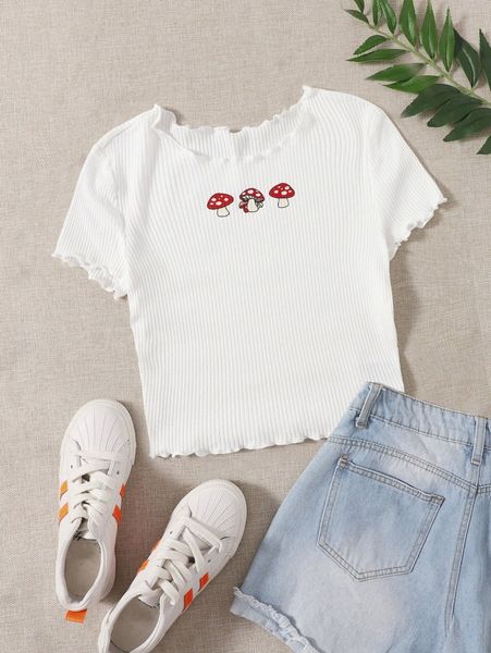 

mushroom print lettuce trim tee p4hr#, White