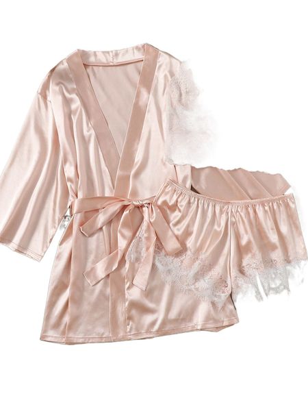 

plus contrast eyelash lace lingerie set with belted robe l6tt#, Black;white