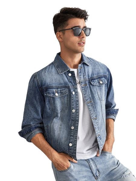 

men cat scratch flap detail denim jacket r173#, Black;brown