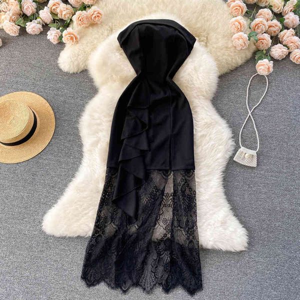 

casual dresses banquet evening dress lace stitching design sense of waist closing, slim and elegant temperament, off shoulder strapless plwc, Black;gray