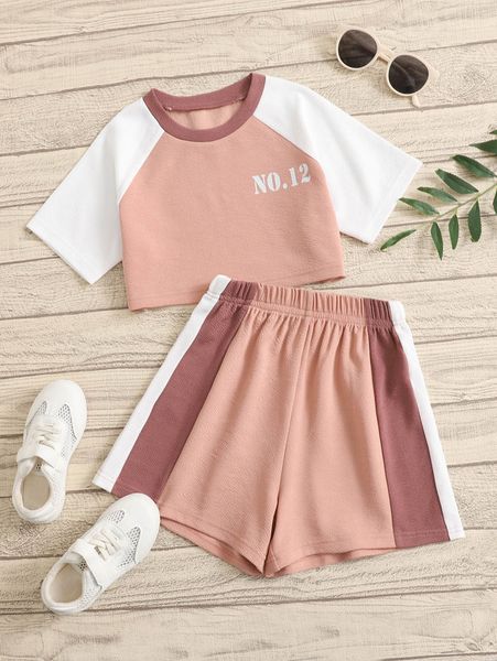 

girls' letter graphic contrast raglan sleeve t-shirt and shorts she, White