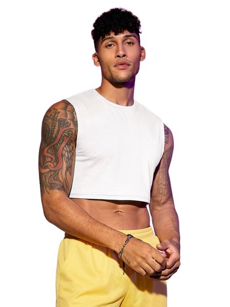 

men solid ribbed knit crop tank d738#, White;black