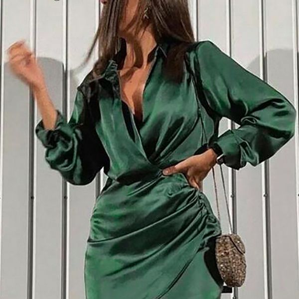 Dulzura Solid Satin Women Manica lunga con scollo a V Increspato Wrap Mini Dress Bodycon Sexy Party Elegante Autunno Inverno Abbigliamento 220611