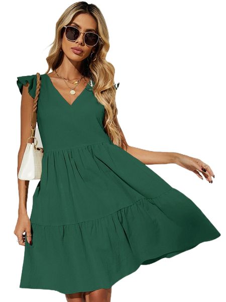 

butterfly sleeve solid smock dress j94u#, Black;gray