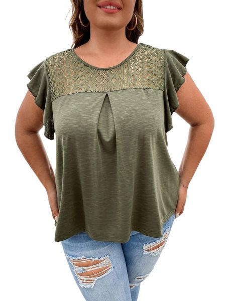 

plus lace panel fold pleated detail butterfly sleeve tee f10t#, Black