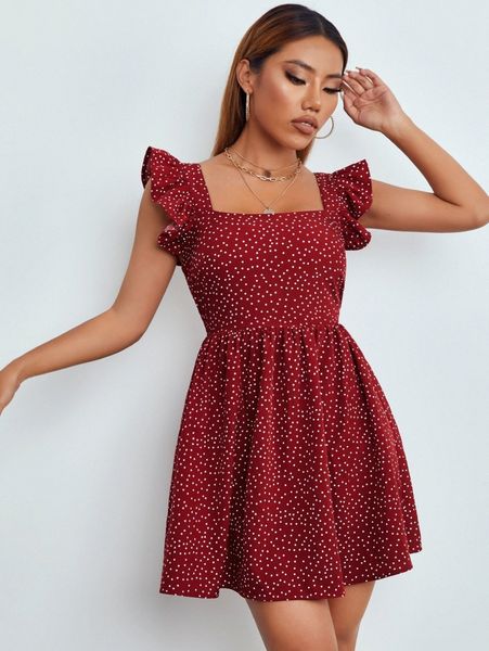 

petite polka dot ruffle trim shirred bodice dress 85oz#, Black;gray