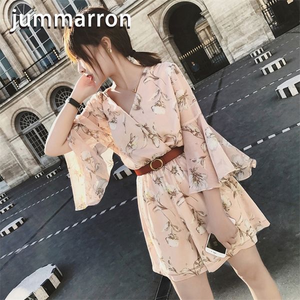 Jummarron 2020 Yaz Yeni Playsuits Kadın Tulum Ofisi Lady Chiffon Young Style Kore tarzı Tatil Plajı Boyun T200704