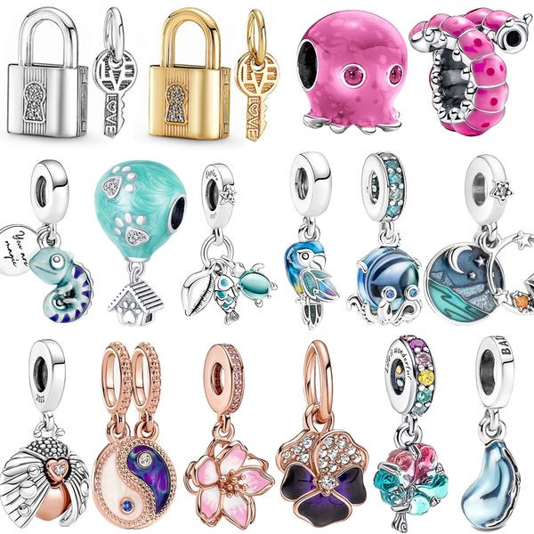 Novo Popular 100% 925 Sterling Silver Ladybug e Heart Padlock Key Charme para Pandora Bracelet Diy Girls Jewelry Gift Mody