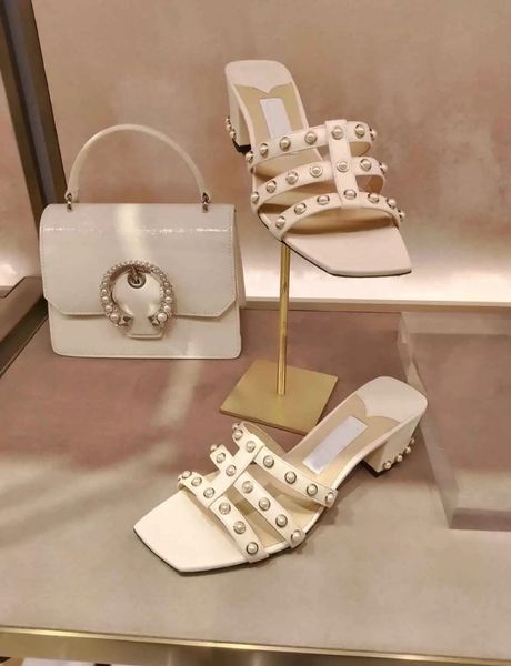 

2022ss hazal nappa caged sandals shoes mules with pearl studs women slip on slippers chunky heels bridal wedding lady footwear eu35-43, Black