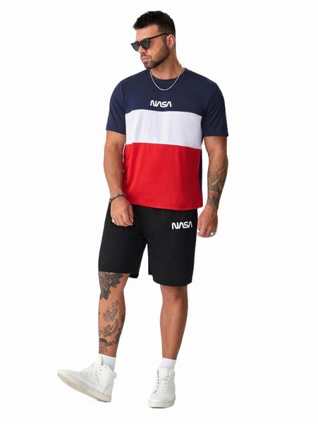 

extended sizes men letter graphic colorblock tee & drawstring waist shorts z6tf#, Gray