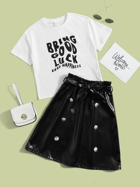 

girls slogan graphic tee & paperbag waist belted patent skirt set she, White