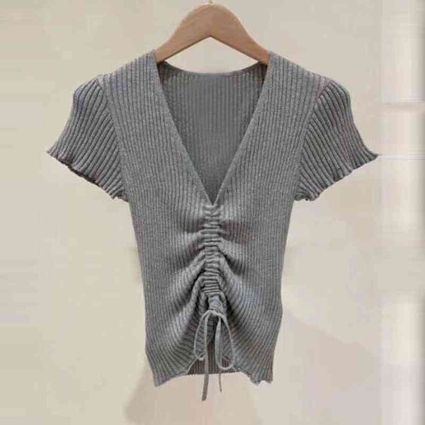 

women's sweaters fadan  family spring and summer french lady style v-neck drawstring wrinkle solid color sweater, White;black