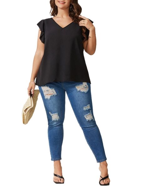 

plus flutter sleeve solid blouse n5it#, Black