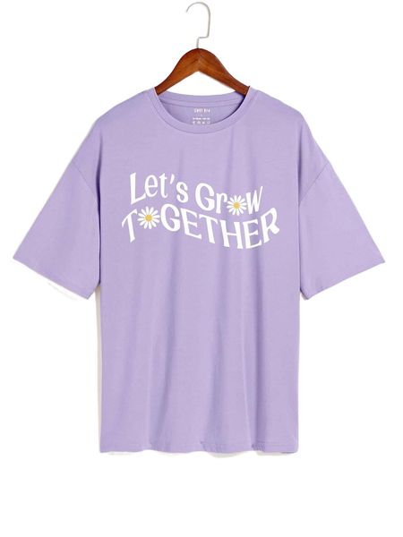 

floral & slogan graphic drop shoulder tee f7t2#, White