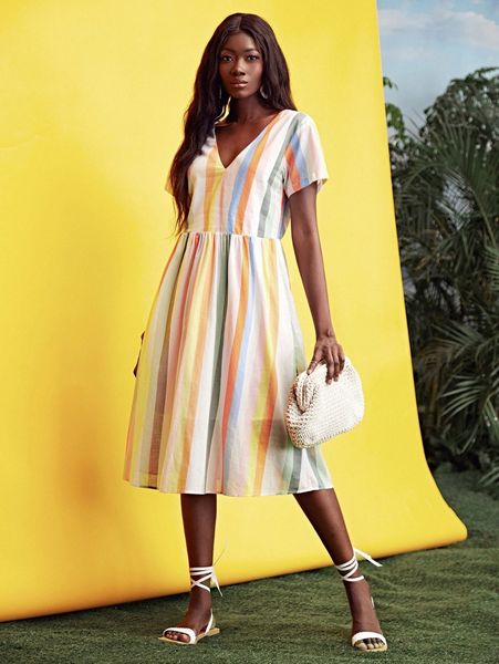 

100% cotton v-neck striped colorblock dress b3dj#, Black;gray