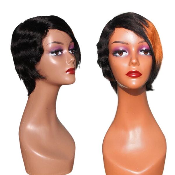 

honey blonde highlight ombre color short wavy bob pixie cut wigs lace closure wig machine made human hair wigs with bang for women, Black;brown