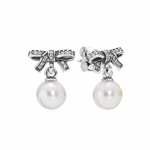 Natürliche weiße Perlen-Anhänger-Ohrstecker, authentisches 925er-Sterlingsilber, Hochzeitsgeschenk für Damen, Designer-Schmuck mit Originalverpackung für Pandora-Schleifen-Ohrringe