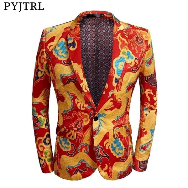 Pyjtrl masculino chinês estilo vermelho dragão de ouro casual jaqueta de terno casual plus size cantor fantasia noivo de casamento blazer 201104