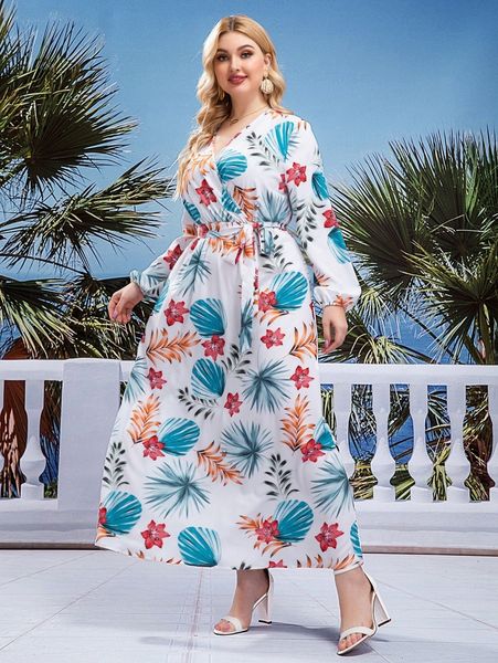 

plus tropical print lantern sleeve belted dress z5r3#, Black