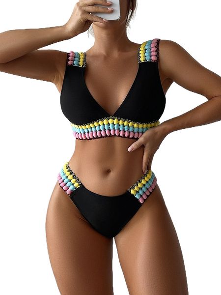 

pom-pom decor bikini swimsuit t2tx#, White;black