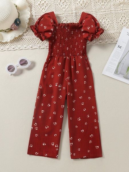 

toddler girls heart print shirred frill trim puff sleeve jumpsuit she, Blue