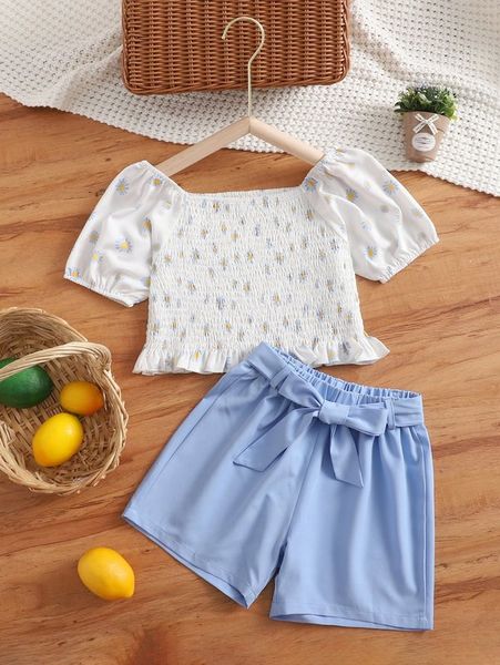 

girls floral print puff sleeve shirred & belted shorts she, White