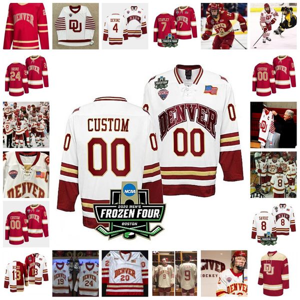 

2022 ncaa frozen four championship custom denver pioneers du ice hockey jersey 7 brett stapley 8 carter savoie 9 owen ozar 13 massimo rizzo, Black