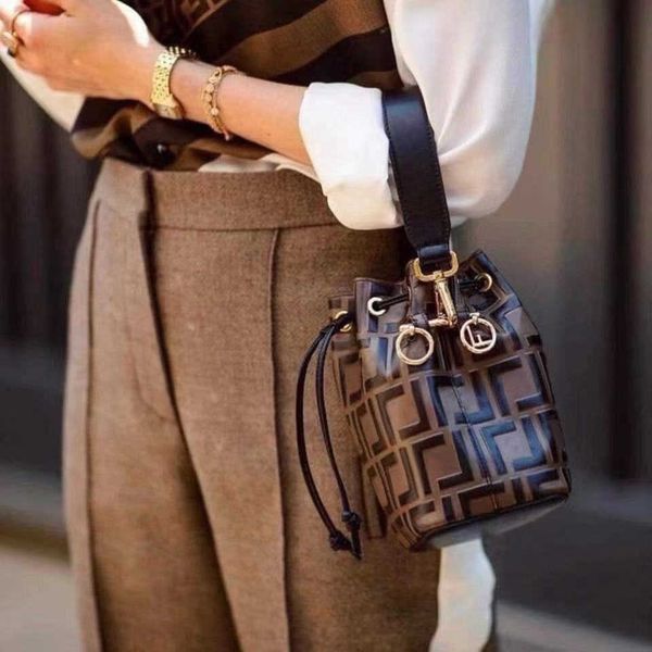 

evening bucket bag 2f brown leather mini buckets bags comes with a drawstring and metal embellished in black hand-painted raised