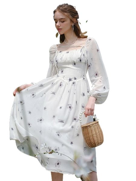 

square neck floral print shirred back dress o56g#, Black;gray