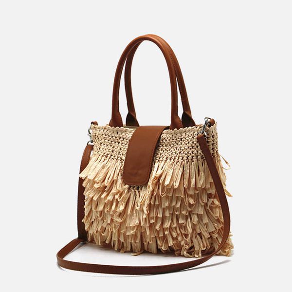 

evening bags mabula retro summer tassel straw woven tote bag large capacity travel beach handbag with small clutch shopping purse y0506