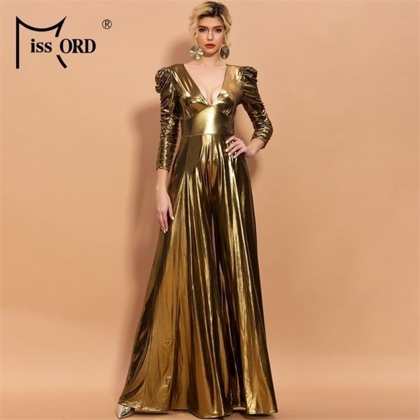 

missord solid color deep v neck long puff sleeve women overalls high split elegant rompers women jumpsuit ft3 y200904, Black;white