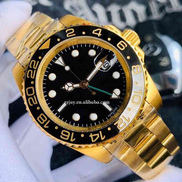

luxury watch ceramic bezel black dial stainless steel strap gmt ii cerachrom gold case band 40mm automatic men watches, Slivery;brown